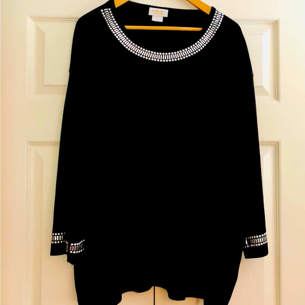 Tia black long sleeve top, silver studded neck&sleeves, 100% cotton,plus size 3X